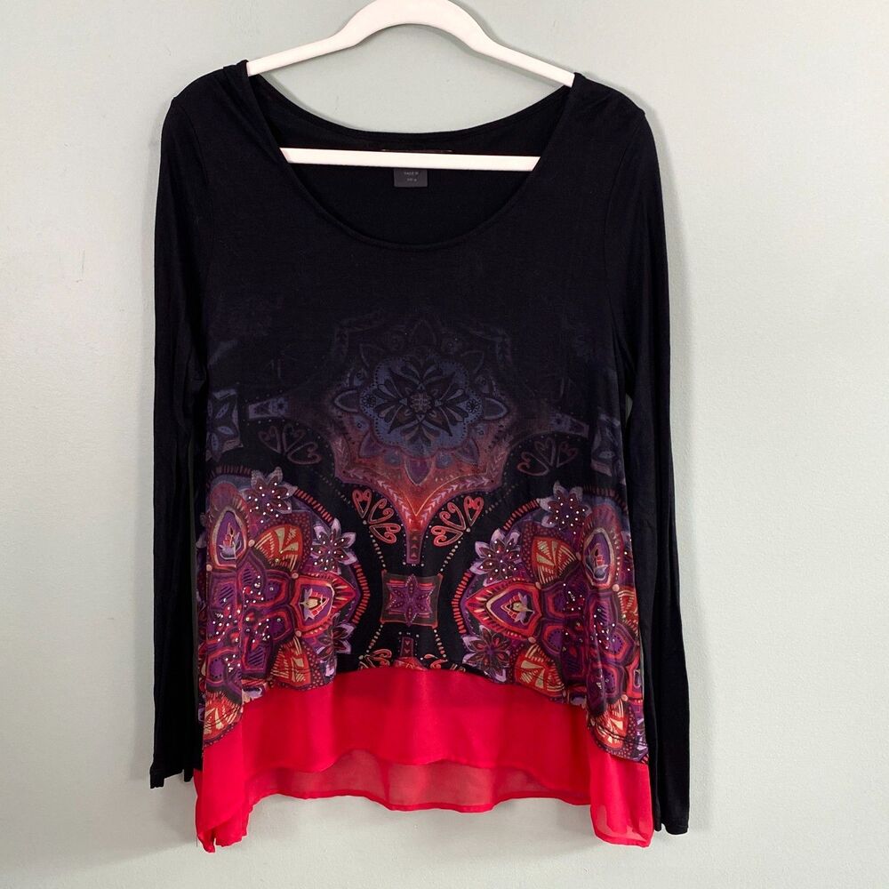 Desigual Whimsigoth Top Womens Large Black Red Tattoo Boho Flowy Fairy Blouse